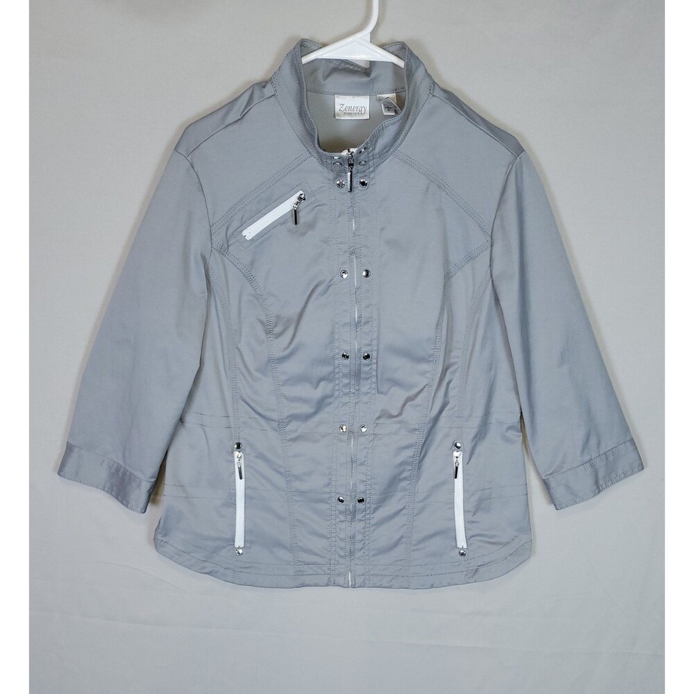 Zenergy Chicos Sz 2 Womens Large Gray Lightweight Jacket 3/4 Sleeve Zip Pockets